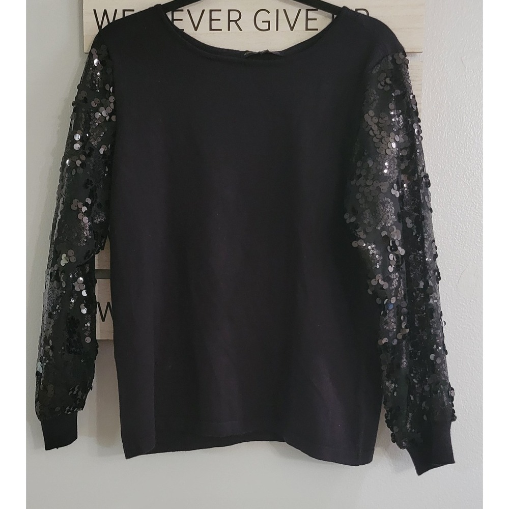Adrienne Vittadini Sequin Sleeve Pullover‎ Sweater Size XL Color Black